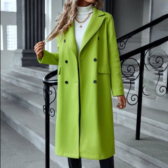 Womens Double Button Flap Detail Overcoat green - Picture 3 of 5